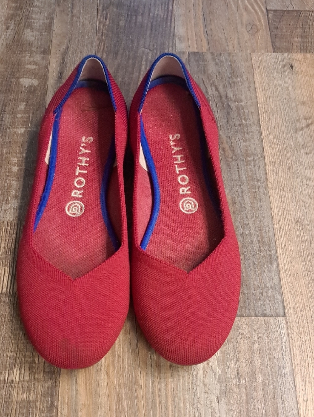 Rothy's Red Knit Ballet Flats with Blue Trim